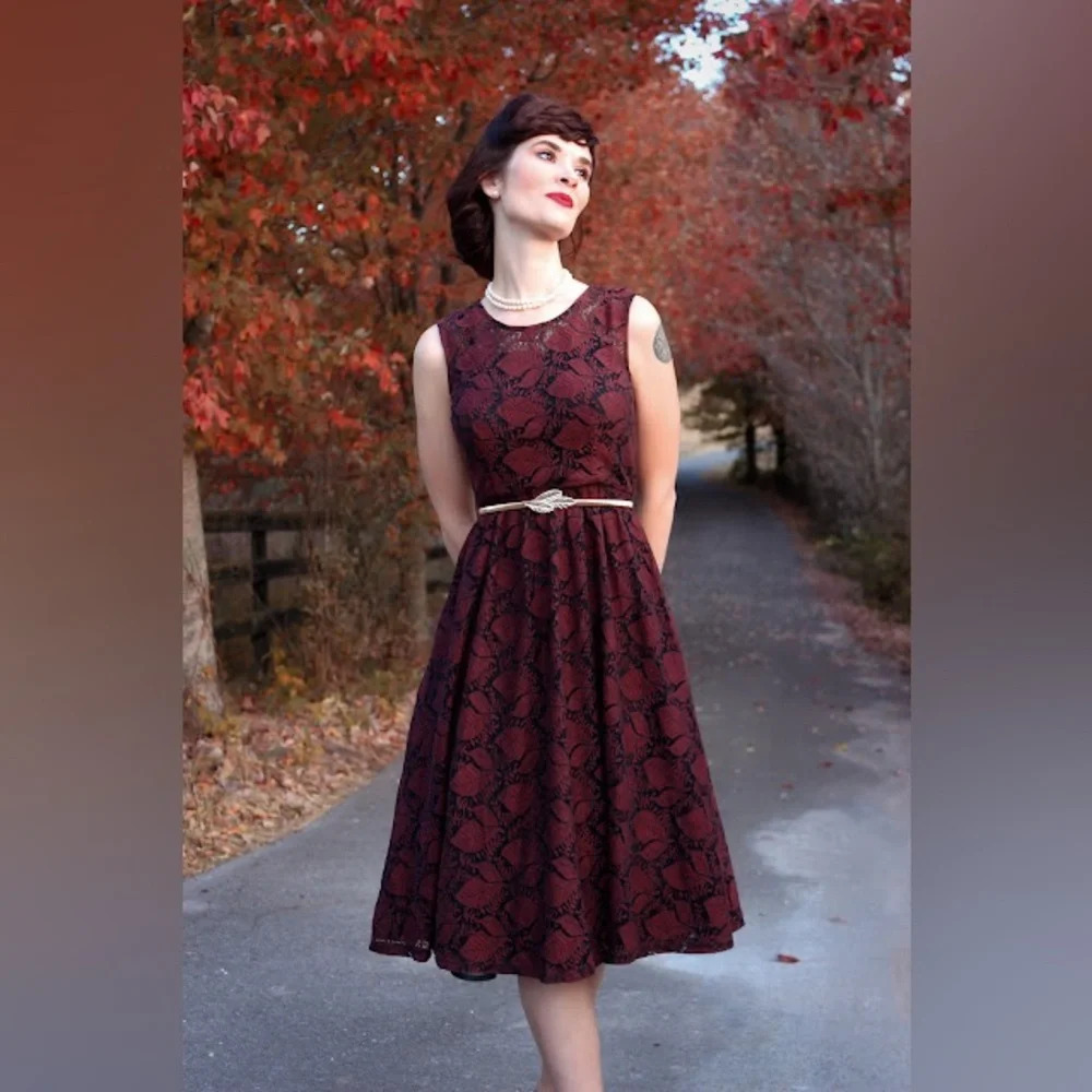Voodoo Vixen 50s Sophia Autumn Overlay Dress, Burgundy, Size 4, NWT 🍂